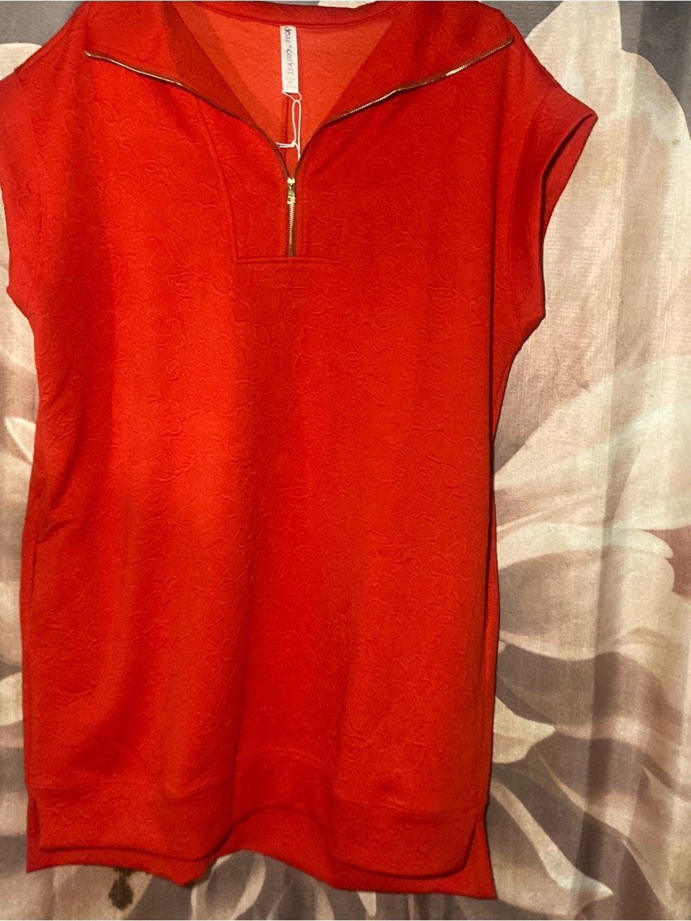 Red Zip-Front Short Sleeve Sweatshirt Tunic oversized XL